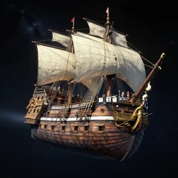 A Spanish Galleon floating in space, rendered by Beeple, Makoto Shinkai, syd meade, simon stålenhag, environment concept, digital art, unreal engine, 3 point perspective, WLOP, trending on artstation, low level, 4K UHD image, octane render,