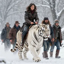 amazon warrior mila kunis riding mounted on a fierce large white tiger, wintery scene, snow storm, donato giancola, mark brooks, ralph horsley, charlie bowater, artgerm, christopher balaskas, bastien lecouffe - deharme