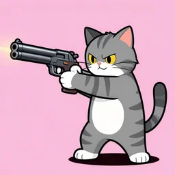 grey cat with white stripes play apex legends, shooting gun, comic style, pink background