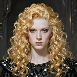 if gilded black obsidian glass was a pretty androgynous albino prince, long fluffy golden blonde curly hair, digital painting, sci-fi setting, symmetrical features, Daniel Gerhartz, high detail intricate, artstation, WLOP, Artgerm, J. Scott Campbell; Olivia De Berardinis, Daniel Gerhartz, jack kirby, mysterious vibes