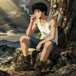 Revy from Black Lagoon:: anime and manga, smoking a cigarette, Jean shorts boots and white tank top:: middle shot::