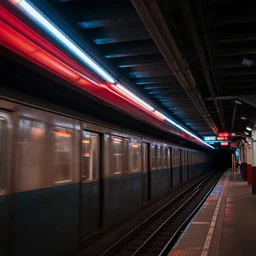 old subway with neon lights running along the ceiling