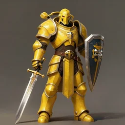 portrait of a warforged character in yellow armor holding a paladin engraved longsword and carrying a big shield, epic concept art, trending on ArtStation, cinematic lighting, by Greg Rutkowski and Jesper Ejsing