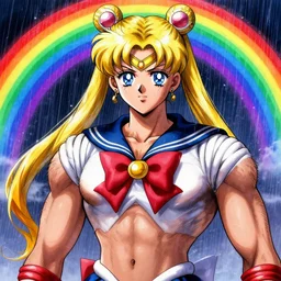 crossdressing magical girl in anime style, man face, illustration, hairy, muscular, male, digital painting, artstation, simon stalenhag, epic, stunning, rainbows, sailor moon, hdr, highly detailed
