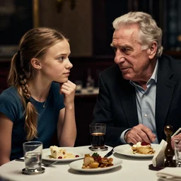 Greta Thunberg and Jeffrey Epstein having a diner. dramatic lighting, intricate powerful, cinematic
