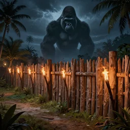wooden palisade wall on a tropical island kit by torches in a Storm night, giant Gorilla sillouhette in the background, intricate Details, raphael lacoste, eddie mendoza, alex ross, concept art, matte painting, highly detailed, rule of thirds, dynamic lighting, cinematic, detailed, denoised, centerd, clean render