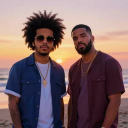 the weeknd and drake by picasso, digital art, sharp focus, sunset beach, foggy, neon