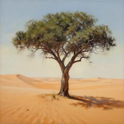 a striking painting of a tree in the desert, an airbrush painting by breyten breytenbach, sea of sand, cgsociety, neo - primitivism, airbrush art, dystopian art, apocalypse landscape