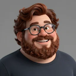 pleasant, happy, overweight, nerdy man character portrait, casually dressed, dark auburn wavy hair, full beard, glasses without frames, freckles, by don bluth, highly detailed, dynamic shadows, 4 k, wallpaper - 1 0 2 4
