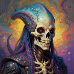 a psychedelic portrait of omin dran skeletal mind flayer insect psion, vibrant color scheme, highly detailed, in the style of romanticism, cinematic, artstation, moebius, greg rutkowski