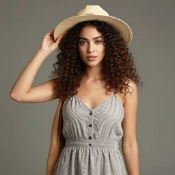 a portrait of a woman with curly hair wearing a sundress and a hat