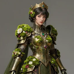 hyperdetailed portrait of beautiful queen's flower moss armored girl. highly detailed portrait, digital painting, artstation, sharp foccus ilustration, artstation hq. intricate, elegant. art by wlop and artgerm and greg rutkowski, alphonse mucha, medium shot. dan mumford, tomokazu matsuyama, takato yamamoto