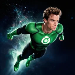 photos of actor Christopher Reeve as a Green Lantern soaring thru outer space, photogenic, spit-curl in hair, particle effects, photography, studio lighting, cinematic, photorealistic, trending artstation