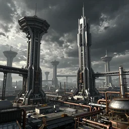 futuristic science-fiction landscape of the world of machines, huge mechanical towers buildings and bridges, ground full of factories and pipes, under a dark cloudy sky, in the style of Blade Runner, very detailed, photo realistic