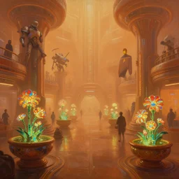 a minimalist bioluminescent oil painting by donato giancola, warm coloured cyberpunk, cinematic scifi luxurious futuristic foggy steam filled spaceport shopping mall with microscopy stained glass flowers growing out of pretty bulbous ceramic fountains, gigantic pillars and flowers, maschinen krieger, beeple, star trek, star wars, ilm, star citizen, mass effect, artstation, atmospheric perspective