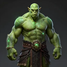 full body portrait of green - skin orc warrior, broad chest, glowing magical tattoos. detailed face, concept art, intricate, highly detailed 8 k, smooth, sharp focus, artgerm, artstation, art by zexi guo and nira and junpei suzuki and gharliera and rinotuna