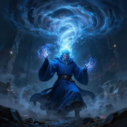 Mage wearing blue robes summoning a Tornado, matte painting, cinematic, Artstation