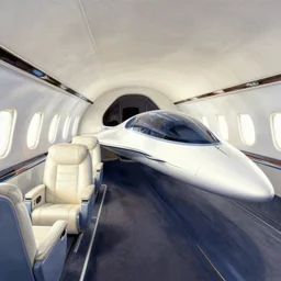 full - color concept - art by syd mead of a the interior of an elite luxury supersonic commercial passenger airliner with beautiful flight - attendants and in - flight entertainment. retrofuturism, near - future science - fiction.