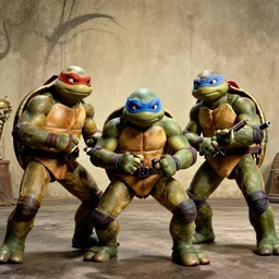 Teenage mutant ninja turtles, film still from the movie directed by Denis Villeneuve with art direction by Salvador Dalí, wide lens