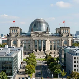 futuristic berlin with reichstag building, glass dome towers, concrete buildings, glass buildings, trees, green alley, highways, place, sunny day, crowded city, horizon, white glass domes, city art, hyperdetailed, artstation, cgsociety, 8 k