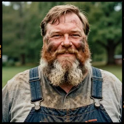 far view, extremely fat obese mitch mcconnell with long beard, wearing dirty overalls, dirty greasy face, grin, portrait, close up, kodak gold 2 0 0, 5 0 mm,