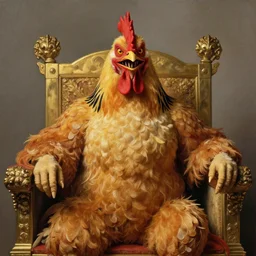 medium shot portrait of the hen emperor of japan dressed as a chicken with a scary smile, sitting on his throne, highly detailed painting by gaston bussiere, craig mullins, j. c. leyendecker 8 k