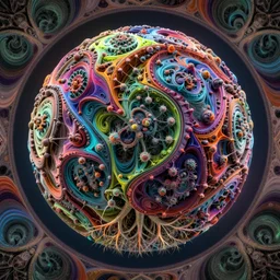 close up circular border with abstract symmetrical designs deep colorful fractal sphere, concept art, nature, fractals, depth of field, roots, fluid simulation in houdini, subsurface scattering, volumetric, very detailed, trending on artstation, rendered in octane, cgsociety