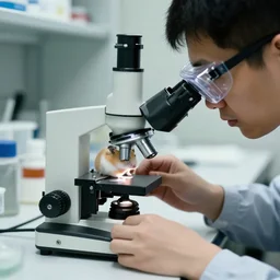 film still of a hamster wearing goggles working in a research lab using a tiny microscope, 8 k