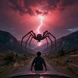 black trans - am driving towards the camera, mountain, valley, breathtaking mountains, particles floating, dynamic, cinematic, motionblur, volumetric lighting, wide shot, low angle, red glow in sky, large lightning storm, huge dark spider creature with dark head in the middle in the back