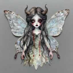 a pretty but sinister and creepy fairy in layers of fear decoupage, with haunted eyes, bleeding, violence in his eyes, 1 9 7 0 s, seventies, delicate embellishments, a little blood, woodland, blue dawn light shining on wildflowers, painterly, offset printing technique, by walter popp, alexandre cabanel