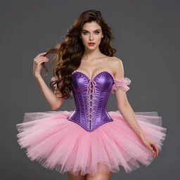 brunette fairy woman with long hair, wearing a purple corset and pink tutu, centered, fantasy, highly detailed, digital painting, trending on artstation, concept art, sharp focus, illustration, art by chloe schmid