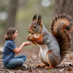 a woman giving a nut to a giant squirrel. the squirrel is taller than the woman. 1 8 mm photo