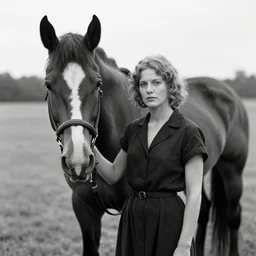 a beautiful woman standing next to a horse, a black and white photo by maud naftel, featured on cg society, naturalism, black and white, beautiful, hypnotic