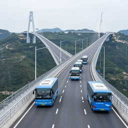 a row of busses driving on the tianmen mountain glass bridge