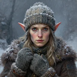 portrait of a high - elf in a winter storm, wearing a warm knitted hat and mittens, dnd character art, fantasy concept art, highly detailed, intricate, oil painting by greg rutkowski and wlop and artgerm