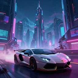 epic professional digital art of synthwave lamborghini driving through neon cyberpunk futuristic city towers, mountains in background, intricate, detailed, screen stil from the movie'fifth element ', wlop, pixiv