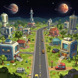 on main street in a small colony with futuristic modular buildings, on a remote planet, from a space themed point and click 2 d graphic adventure game, art inspired by the tomb raider and thomas kinkade