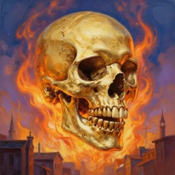 gold terminator skull on flaming town, acrilic paint, brush paint, heavenly atmosphere, paint, ultra detailed, beautiful image, resolution, artstation