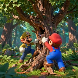 horror mario smashing old oak tree in a forest, realistic, extremely high detail, hyperdetailed