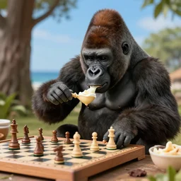 A gorilla playing chess while eating pudding in a tree, On the television show Baywatch