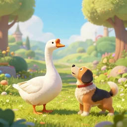 a white big goose was fighting with a dog, humanoid, anthropomorphic, personify, trending on artstation by wenjun lin, irakli nadar, bright colors, octopath traveler, wenjun lin, unreal engine 5 highly rendered, global illumination, radiant light, detailed and intricate environment