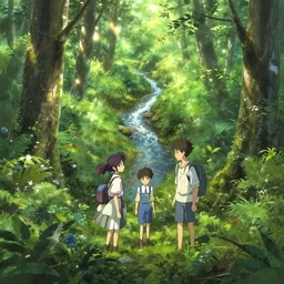 makoto shinkai, yoji shinkawa, ilya kuvshinov, rumiko takahashi, overhead shot, beautiful forest with a stream running through it, light leaks, fantasy, highly detailed