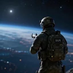cinematic background blur bokeh, beautiful lighting, call of duty ghost soldier looking out into the vastness of space, digital art