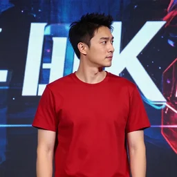a guy with short dark hair on his side, dressed in a red t - shirt, stands still against the backdrop of digital art, 8 k, character, realism, anime, portrait