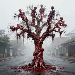 photograph of a bloody tree made of human flesh with figures and heads sticking out on an empty street with mist