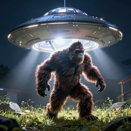 its midnight and Bigfoot is being abducted by a ufo, cinematic, hyper realism, high detail, bright lights, lens flare, octane render, 8k