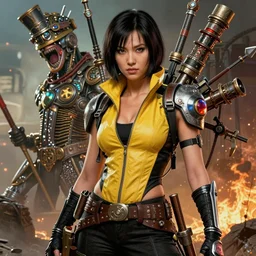 beautiful gemini fantasy character portrait, lucy liu kill bill, ultra realistic, wide angle, intricate details, mad max artifacts, highly detailed by peter mohrbacher, hajime sorayama, wayne barlowe, boris vallejo, aaron horkey, gaston bussiere, craig mullins