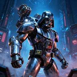 a macro closeup film still photo of the chrome darth vader cylon warror in a massive mass effect halo robot factory at night,blue haze, volume metric lighting, retracing, unreal, concept art cyperpunk video game poster design with intricate details :: action, gears of war, smoke, post apocalyptic, deathstar, Battlestar Galactica, neon lighting, lens flare, rich vibrant colors, High contrast, blizzard concept artist, acrion, syd mead