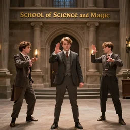 sharp, highly detailed, high quality frame from a 2 0 1 9 sci fi color movie, set in 1 9 5 0 in an alternate universe, mid distant shot of three students practicing magic, at the'school of science and magic ', 1 9 5 0 s era clothing, good lighting, in focus, live action, award winning lighting, award winning photography