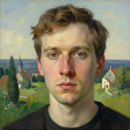 a portrait of a male character with only nostrils where his nose is supposed to be in a scenic environment by Ross Tran and by Jesper Ejsing and by Mikalojus Konstantinas Ciurlionis